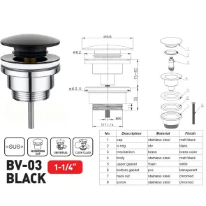 Донний клапан для раковини Zerix BV-03 BLACK 1 1/4'' універсальний (з/без перел) СLICK-СLACK (Колір чорний) (ZX6020) №8