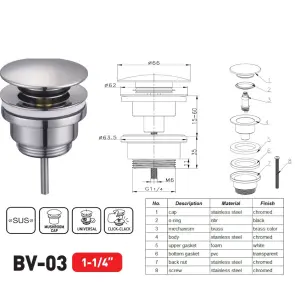 Донний клапан для раковини Zerix BV-03 1 1/4'' універсальний (з/без перел) СLICK-СLACK (Колір хром) (ZX6019) №4