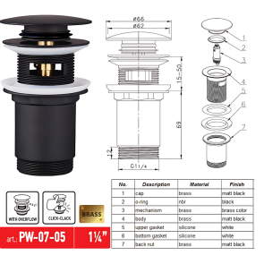 Донный клапан для раковины Koer PW-07-05 1 1/4'' с переливом автоматический СLICK-СLACK (Цвет черный) (KR5785) №5
