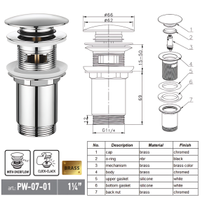 Донный клапан для раковины Koer PW-07-01 1 1/4'' с переливом автоматический СLICK-СLACK (Цвет хром) (KR5782) №2