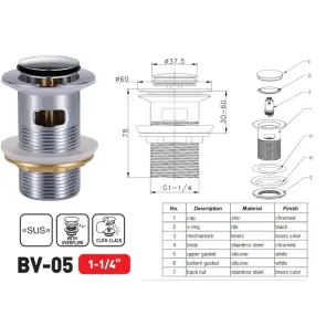 Донний клапан для раковини Zerix BV-05 1 1/4'' з переливом автоматичний СLICK-СLACK (Колір хром) (ZX6022) №1
