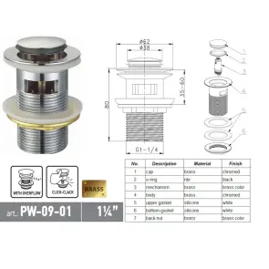 Донный клапан для раковины Koer PW-09-01 1 1/4'' с переливом автоматический СLICK-СLACK (Цвет хром) (KR5796) №4
