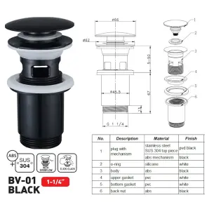 Донний клапан для раковини Zerix BV-01 BLACK 1 1/4'' з переливом автоматичний СLICK-СLACK (Колір чорний) (ZX6016) №4