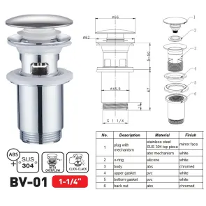 Донний клапан для раковини Zerix BV-01 1 1/4'' з переливом автоматичний СLICK-СLACK (Колір хром) (ZX6017) №2