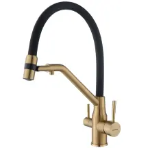 Смеситель для кухни с силиконовым изливом Zerix MAG-021 Brushed Gold Refl.Black из нерж. стали SUS304 с выходом для пит.воды (ZX6007)