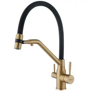 Смеситель для кухни с силиконовым изливом Zerix MAG-021 Brushed Gold Refl.Black из нерж. стали SUS304 с выходом для пит.воды (ZX6007) №1