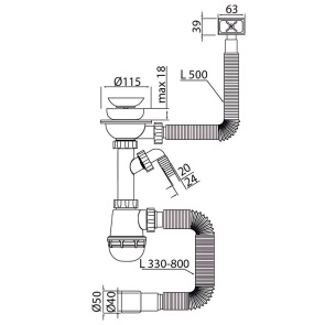 Сифон для кухни Mixxus SK-02-B 3 1/2"x40 с нерж.сеткой, отводом для стиральной машины, гибким прямок. переливом (MI8195) №2