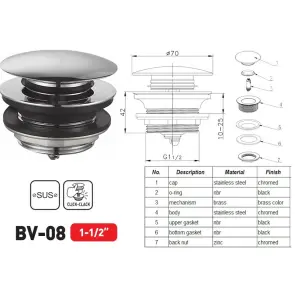 Донний клапан для ванни Zerix BV-08 1 1/2'' автоматичний СLICK-СLACK (Колір хром) (ZX6025) №7