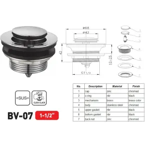 Донний клапан для ванни Zerix BV-07 1 1/2'' автоматичний СLICK-СLACK (Колір хром) (ZX6024) №6