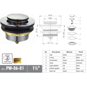 Донный клапан для ванны Koer PW-06-01 1 1/2'' автоматический СLICK-СLACK (Цвет хром) (KR5799) №4