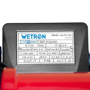 Станція 0.37 кВт Hmax 35 м Qmax 35 л/хв (вихровий насос) 1л WETRON AUTOGP125Z №6