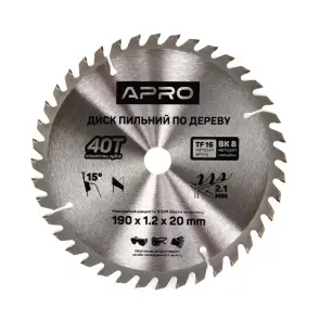 Диск пильний по дереву 190х20(16)х40Т APRO №2