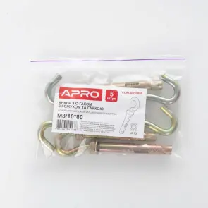 Анкер с кожухом и гайкой с C-крюком М8/10*80 цинк жёлтый (пач 5шт) APRO №5