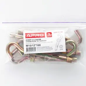 Анкер с кожухом и гайкой с C-крюком М10/12*100 цинк жёлтый (пач 5шт) APRO №5
