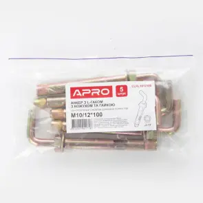 Анкер с кожухом и гайкой с L-крюком М10/12*100 цинк жёлтый (пач 5шт) APRO №5