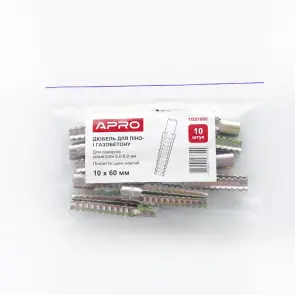 Дюбель для піно- і газобетону 10*60 цинк жовтий (пач 10шт) APRO №6