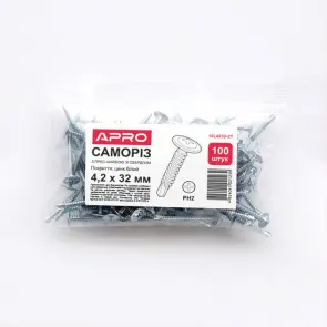 Саморіз з прес-шайбою 4,2*25 зі свердлом цинк білий (пач 100шт) APRO №6