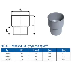 Перехід чавун-пластик внутрішній OSTENDORF HT Safe ф 50мм №2