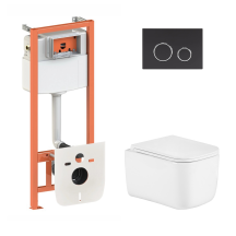 Готовое решение Qtap для ванной комнаты: подвесной унитаз Gemini Ultra Quiet 485×340×350 + комплект установки Nest 4 в 1 (круглая клавиша Matt Black)