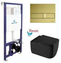 Інсталяція Koller Pool Dune 1200SL + Neon Gold панель змиву + підвісний унітаз KVADRO START Black matt з сидінням Soft-close (змив Торнадо)