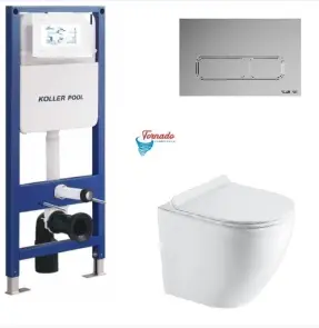 Інсталяція KollerPool AQUA LINE + EDGE Chrome панель змиву + підвісний унітаз ROUND Smart з сидінням Soft-close ( змив Tornado 3,0 ) №1