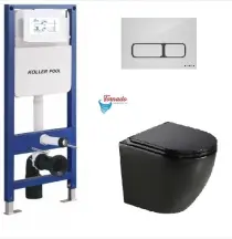 Інсталяція KollerPool AQUA LINE + EDGE White панель змиву + підвісний унітаз ROUND Black matt з сидінням Soft-close ( змив Tornado ) в магазині TVOE