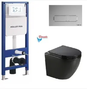 Інсталяція KollerPool AQUA LINE + EDGE Chrome панель змиву + підвісний унітаз ROUND Black matt з сидінням Soft-close ( змив Tornado ) №1