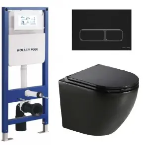 Інсталяція KollerPool AQUA LINE + EDGE Black панель змиву + підвісний унітаз ROUND Black matt з сидінням Soft-close ( змив Tornado ) №1