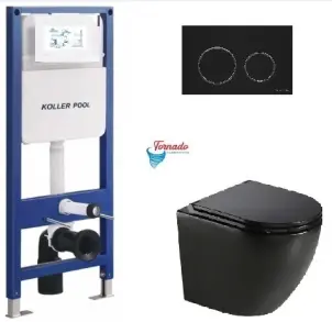 Інсталяція KollerPool AQUA LINE + TWIST Black панель змиву + підвісний унітаз ROUND Black matt з сидінням Soft-close ( змив Tornado ) №1