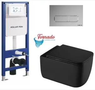 Інсталяція KollerPool AQUA LINE + EDGE Chrome панель змиву + підвісний унітаз KVADRO START Black matt з сидінням Soft-close ( змив Tornado ) №1