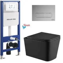 Інсталяція KollerPool AQUA LINE + EDGE Chrome панель змиву + підвісний унітаз KVADRO Black matt з сидінням Soft-close ( змив Tornado ) купити
