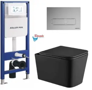 Інсталяція KollerPool AQUA LINE + EDGE Chrome панель змиву + підвісний унітаз KVADRO Black matt з сидінням Soft-close ( змив Tornado ) №1