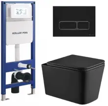 Інсталяція KollerPool AQUA LINE + EDGE Black панель змиву + підвісний унітаз KVADRO Black matt з сидінням Soft-close ( змив Tornado ) купити в Києві