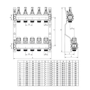 Комплект коллектора с расходомерами ITAL UHW-B06, нержавеющая сталь, подкл. угловое №3