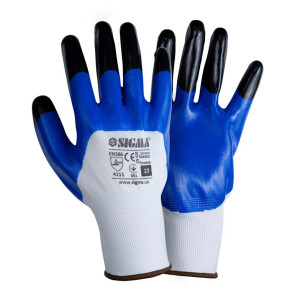 Перчатки трикотажные с частичным нитриловым покрытием усиленные пальцы р10 (сине-черные манжет) SIGMA №1
