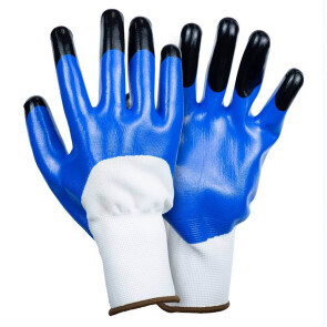 Перчатки трикотажные с частичным нитриловым покрытием усиленные пальцы р9 (сине-черные манжет) SIGMA №1