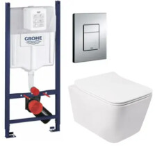 Комплект 5в1: Инсталляция Grohe Rapid + Безобедочный подвесной унитаз Crow + клавиша хром