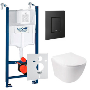 Комплект 5в1: Инсталляция Grohe Rapid + Безободковый подвесной унитаз Jay + клавиша черная матовая №1