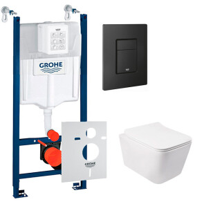 Комплект 5в1: Інсталяція Grohe Rapid + Безобідковий підвісний унітаз Crow + клавіша чорна матова №1