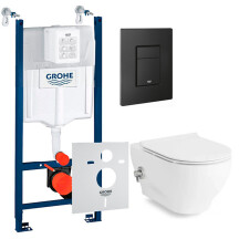 Комплект 5в1: Инсталляция Grohe Rapid + Безободковый подвесной унитаз с функцией биде Virgo + клавиша черная