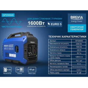 Комплект генератор инверторный Brevia 2,0кВт (ном 1,6кВт) + повербанк (Power Bank) Brevia ePower 48Ah №6