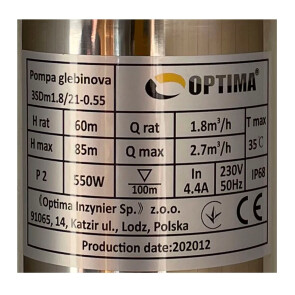 Насос свердловинний з підв, стійк, до піску 3" OPTIMA 3SDm1,8/21 0,55 кВт 85м +пульт+кабель 1,5мNEW №2