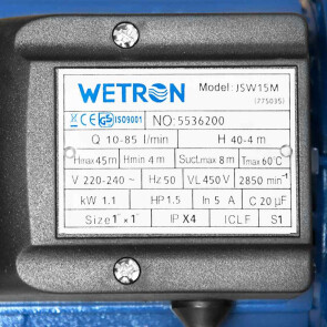 Насос центробежный самовсасывающий 1.1кВт Hmax 45м Qmax 85л/мин WETRON JSW15M (775035) №8