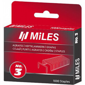 Скобы Miles No.3-8MM, 1000 шт, ширина – 11,40 мм, толщина – 0,75 мм, аналог: Rapid 53 №1