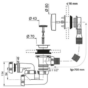 Сифон для ванни автомат 700мм з адаптером O40/50мм WIRQUIN №10