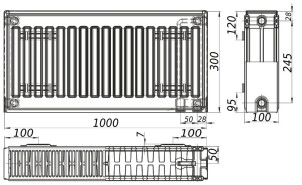 Радиатор стальной панельный KALITE 22 низ/справа 300х1000 (без INNER) №4