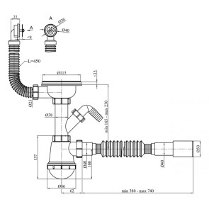 Сифон для кухонной мойки Kroner KRP - KS02R-1 3 1/2"х40/50 с отводом для стиральной машины, с круглым переливом №2