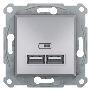 Розетка USB, 2 виходи 2.0, 5V-DC, макс 2.1A, Алюміній, Asfora EPH2700261 №1