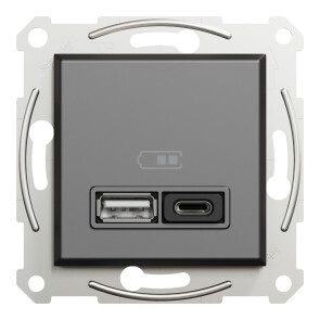 Розетка USB, 2 выхода, тип А+С 3А, 45 Вт, Антрацит, Asfora EPH2700471 №1