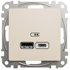 Розетка USB двойная А+С, 2.4А, 230В, Бежевый, Sedna Design SDD112402 №1